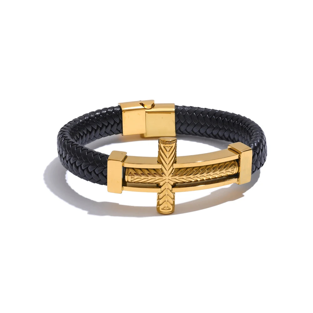 Pulseira de Couro Cruz de Ouro Beroc