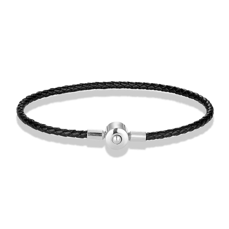 Pulseira de Couro Trançado Preta com Prateado Lock Beroc