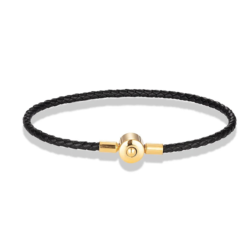 Pulseira de Couro Trançado Preta com Dourado Lock Beroc