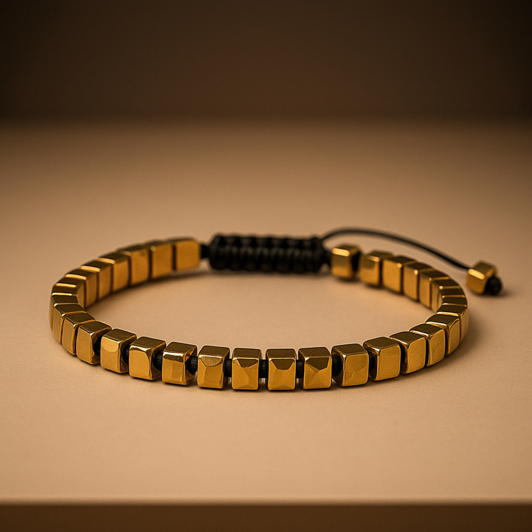 Pulseira Masculina Dourada Cúbica de Hematita Beroc
